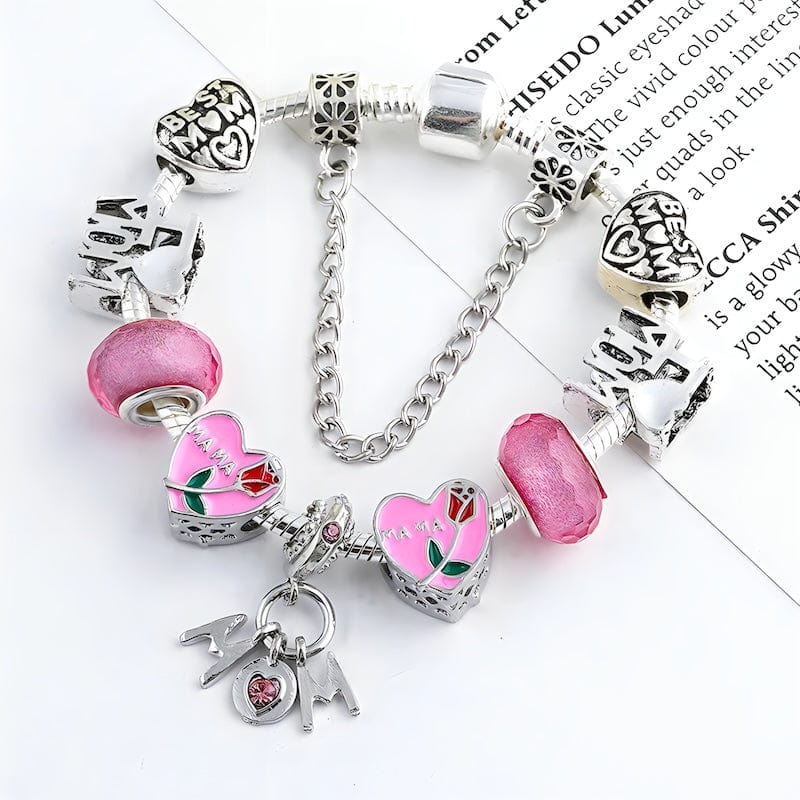 Best Mom Pink Beads Charm Bracelet bracelet by Unique Leather Bracelets