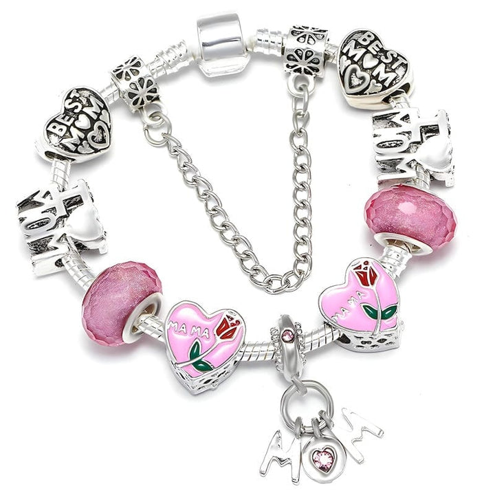 Best Mom Pink Beads Charm Bracelet bracelet by Unique Leather Bracelets