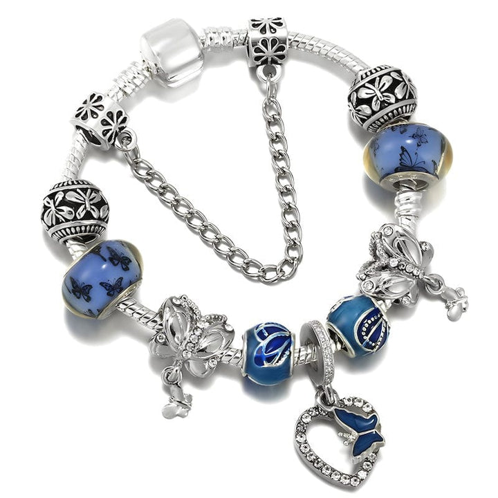 Butterfly On Heart Blue Beads Charm Bracelet bracelet by Unique Leather Bracelets