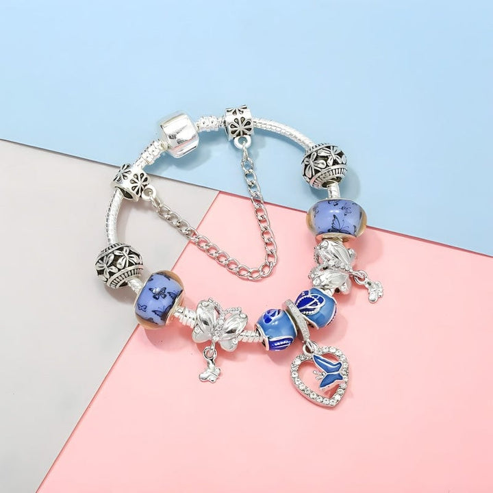 Butterfly On Heart Blue Beads Charm Bracelet Charm Unique Leather Bracelets   