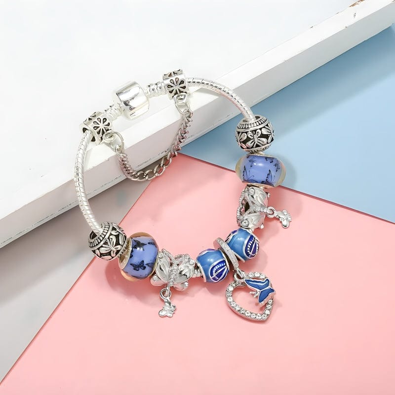 Butterfly On Heart Blue Beads Charm Bracelet Charm Unique Leather Bracelets   