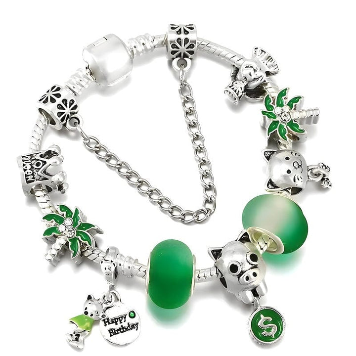 Lucky Money Pig Happy Birthday Bracelet Charm Unique Leather Bracelets 16cm Silver/Green 