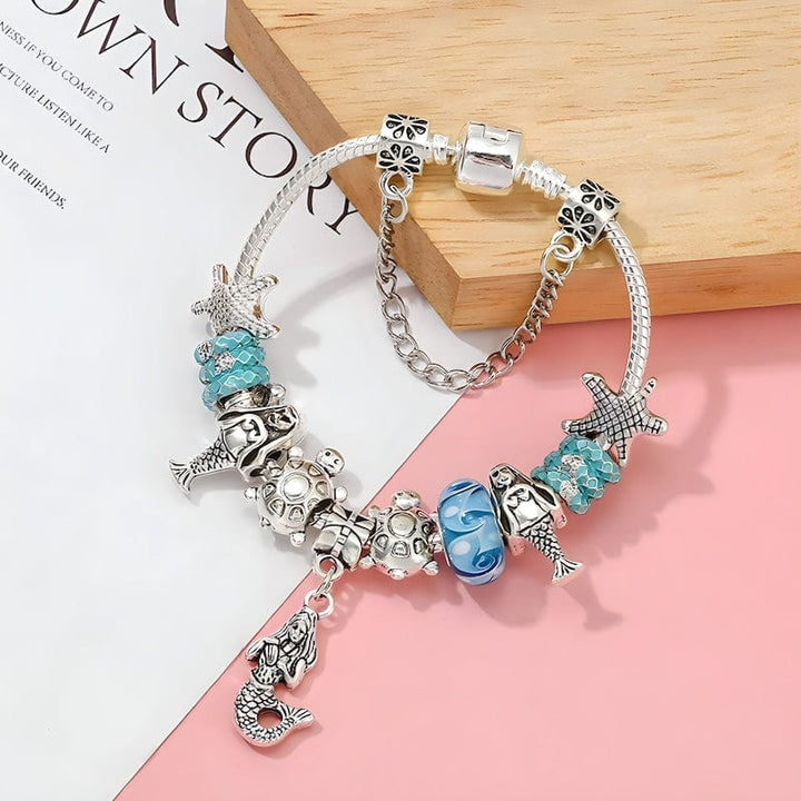Mermaid Charm Bracelet With Vintage Blue Murano Beads Charm Unique Leather Bracelets   