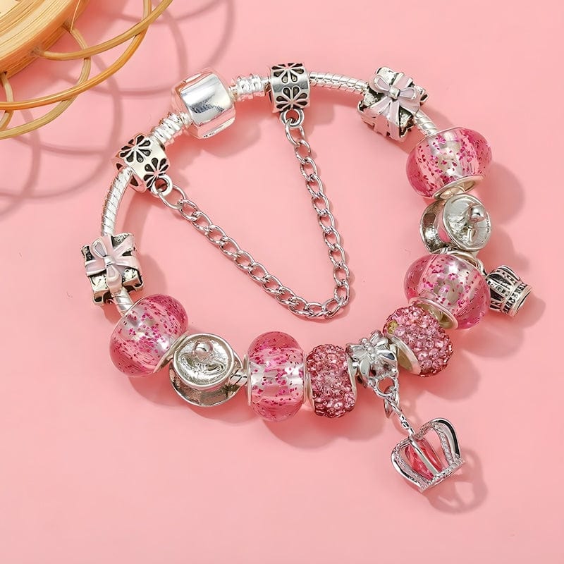 Pink Crown & Beads Charm Bracelet Charm Unique Leather Bracelets   