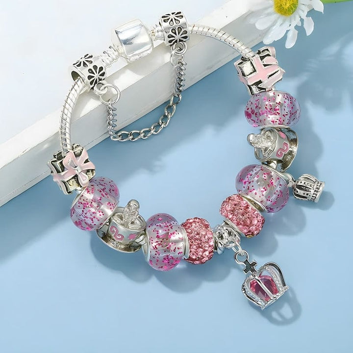 Pink Crown & Beads Charm Bracelet Charm Unique Leather Bracelets   