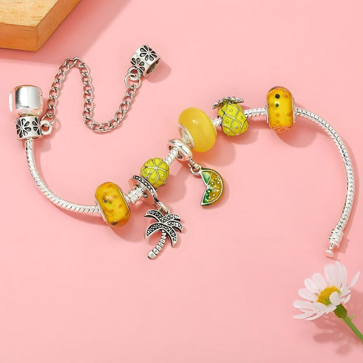 Palm Tree Tropical Pineapple Lemon Charm Bracelet Charm Unique Leather Bracelets   