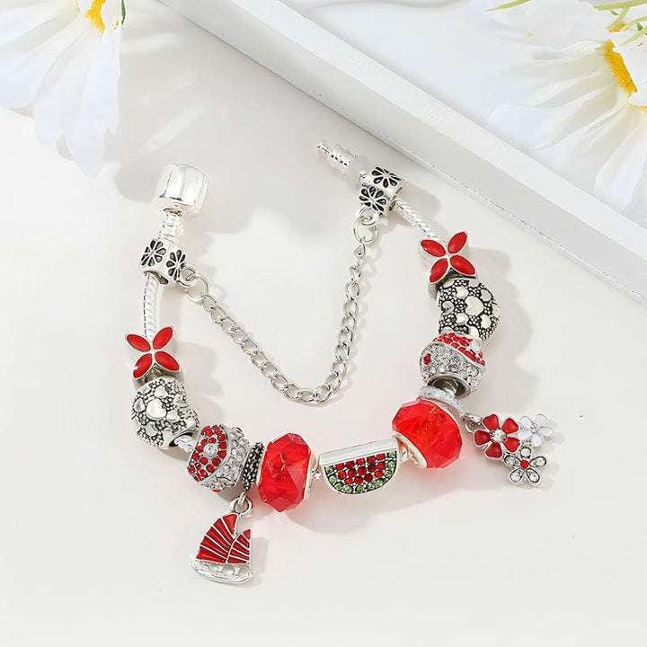 Watermelon & Flowers Red Beads Charm Bracelet bracelet by Unique Leather Bracelets