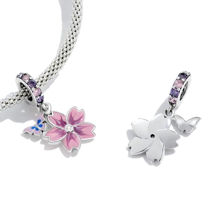 Flower Charm Sterling Silver Pink Zircons Charms Unique Leather Bracelets   