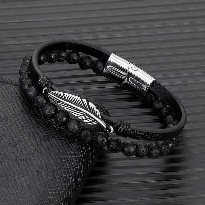 Stone Beaded Multilayer Leather Feather Bracelet bracelet by Unique Leather Bracelets