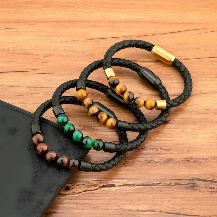 Tiger Eye Beading Braided Leather Bracelet Leather Unique Leather Bracelets   