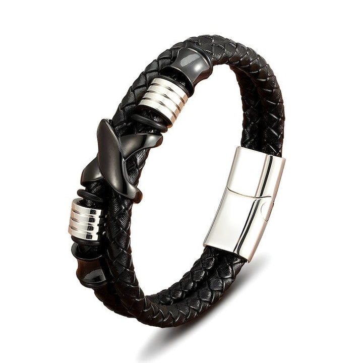 Leather X Style Double Layer Braided Leather Mens Bracelet 19cm / Silver/Black Unique Leather Bracelets