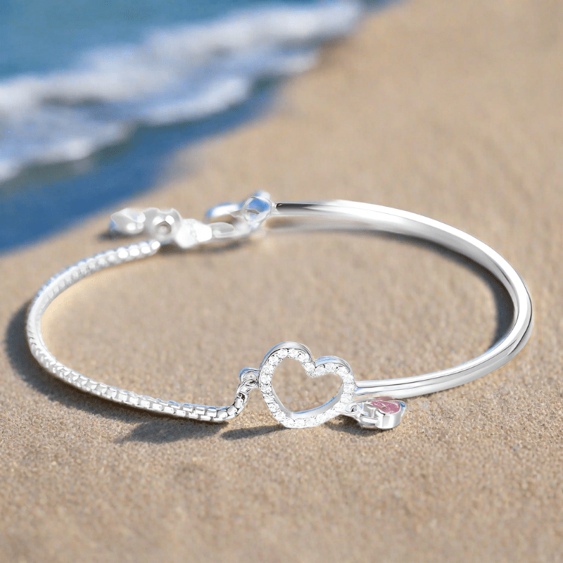 Link Chain Pink Heart Link Chain Bangle Combination Bracelet Adjustable / Silver Unique Leather Bracelets