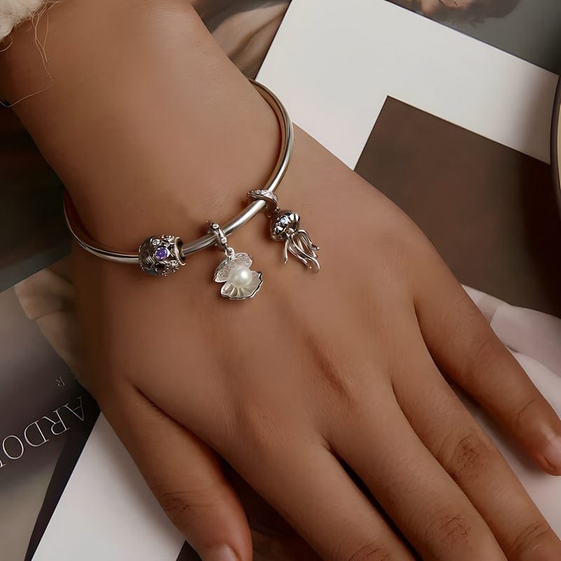 Pearl in Shell Charm Sterling Silver Zircons Charms Unique Leather Bracelets   
