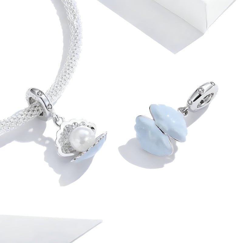 Pearl in Shell Charm Sterling Silver Zircons Charms Unique Leather Bracelets   
