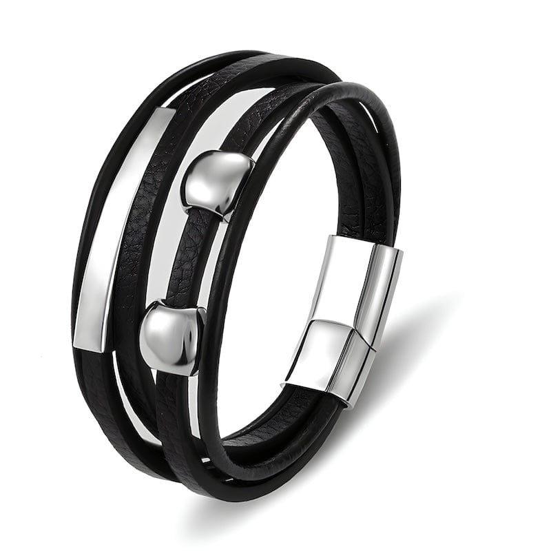 Silver Beads Black Leather Bracelet Wrap Unique Leather Bracelets 21.5cm Silver/Black 