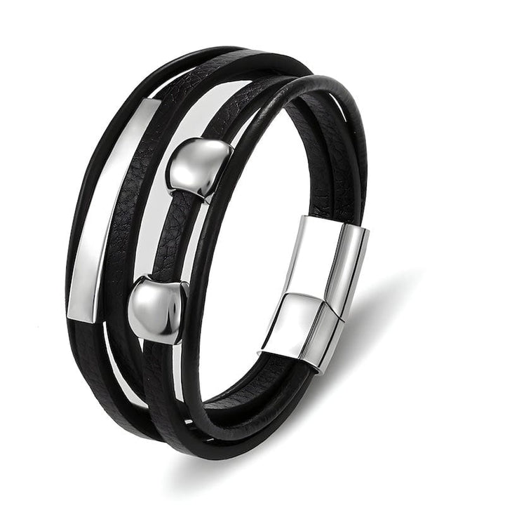 Silver Beads Black Leather Bracelet Wrap Unique Leather Bracelets 21.5cm Silver/Black 