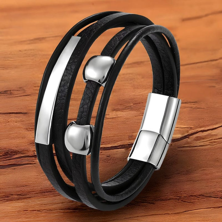 Silver Beads Black Leather Bracelet Wrap Unique Leather Bracelets   