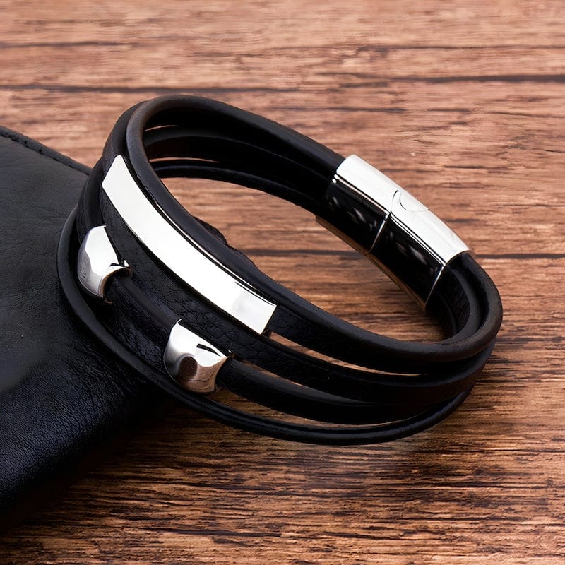 Silver Beads Black Leather Bracelet Wrap Unique Leather Bracelets   