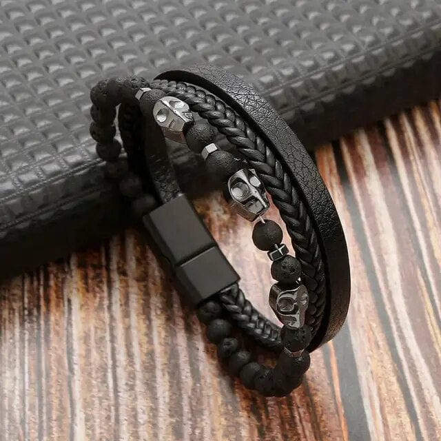 Wrap Bracelet Leather Mens Stack Bead Skull Wrap Unique Leather Bracelets 18.5cm Black 
