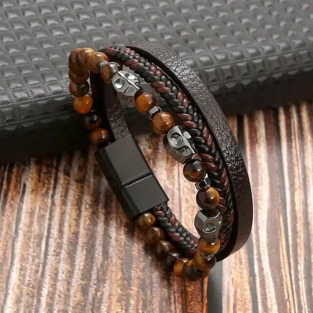 Wrap Bracelet Leather Mens Stack Skull Charm Wrap Unique Leather Bracelets 18.5cm Brown 