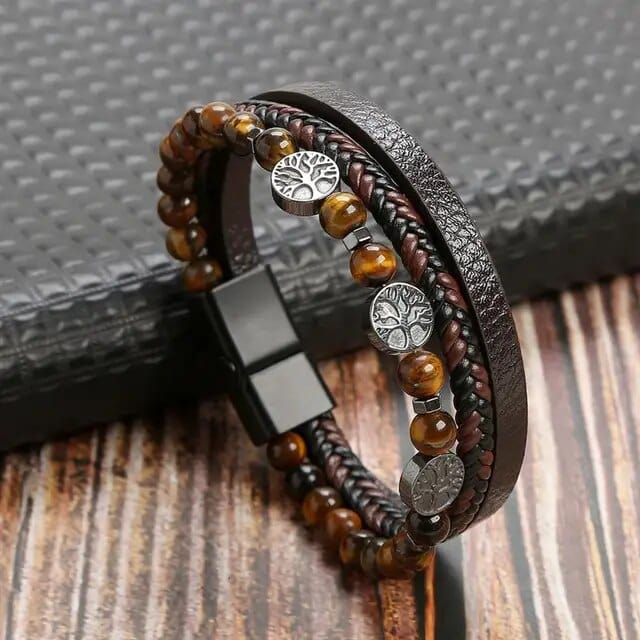 Wrap Bracelet Leather Mens Stack Tiger Bead Tree Of Life Wrap Unique Leather Bracelets 18.5cm Black/Brown 
