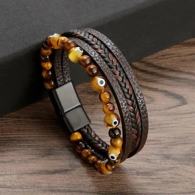 Wrap Bracelet Leather Mens Stack Tiger Evil Eye Wrap Unique Leather Bracelets 18.5cm Brown 