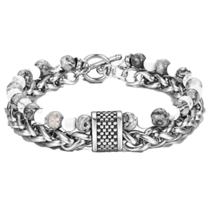 Cuban Link Stainless Steel Beaded Bracelets Beaded Unique Leather Bracelets White/Map Stone WH2 10inch