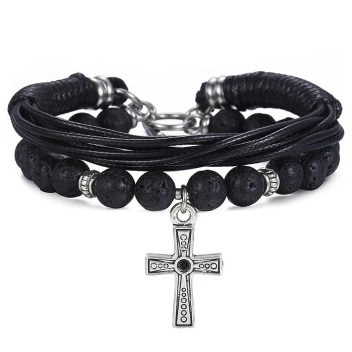 Rustic Cross Leather Beaded Bracelet Beaded Unique Leather Bracelets Black  
