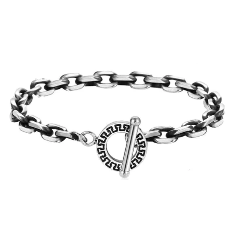 Cuban Link Toggle Clasp Mens Stainless Steel Bracelets Link Chain Unique Leather Bracelets 20cm Silver 