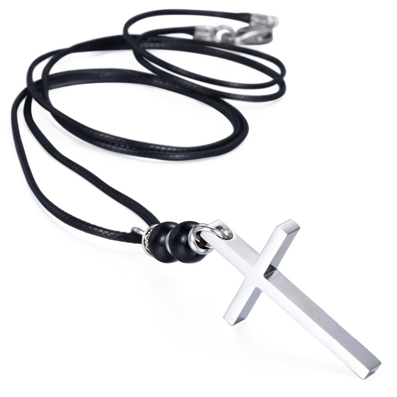 Mens Lava Stone Black Leather Cross Necklace Necklaces Unique Leather Bracelets   
