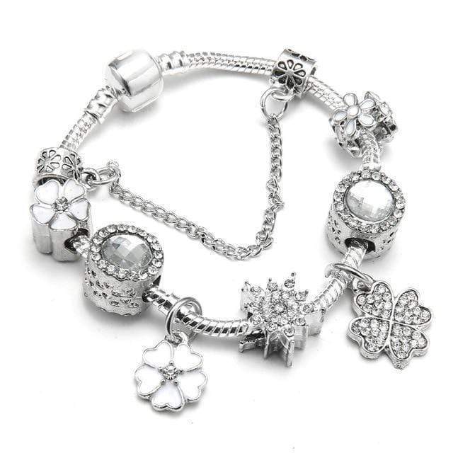 Flower Colourful Beads Charm Bracelet Charm Unique Leather Bracelets Silver/C006 16cm 