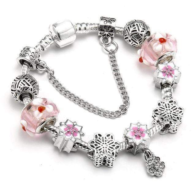 Flower Colourful Beads Charm Bracelet Charm Unique Leather Bracelets Silver/C007 16cm 