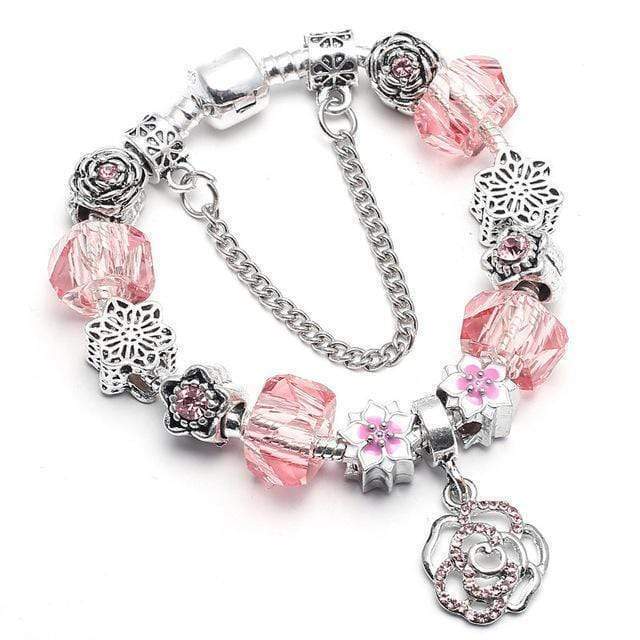 Flower Colourful Beads Charm Bracelet Charm Unique Leather Bracelets Silver/C010 16cm 