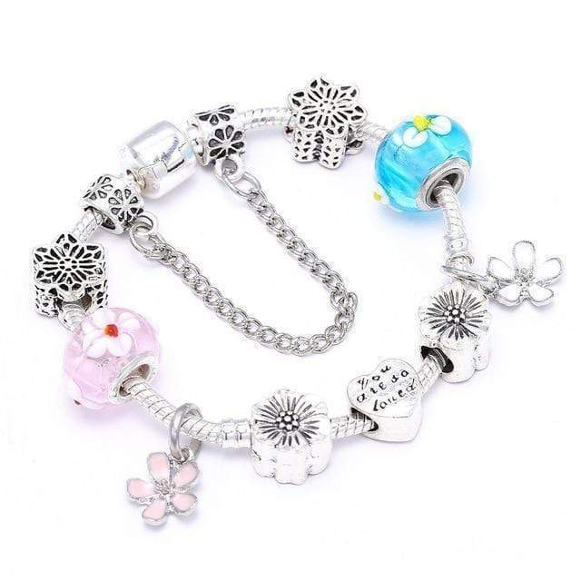 Flower Colourful Beads Charm Bracelet Charm Unique Leather Bracelets Silver/C013 16cm 