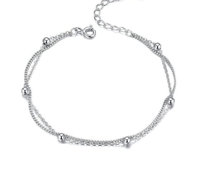 Double Link Sterling Silver Bead Womens Bracelets Link Chain Unique Leather Bracelets Adjustable Silver 